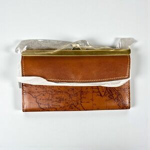 Patricia Nash Tan Leather Map-Embossed Frame Wallet with Gold Trim